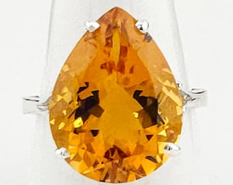 Anillo solitario de citrino natural de gran tamaño con forma de pera, piedra de nacimiento de noviembre, hecho a mano.