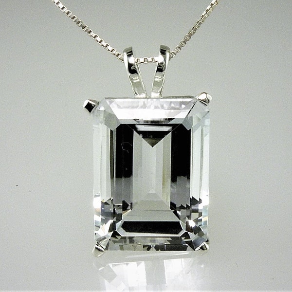 Natural Large Emerald Cut White Topaz Pendant, 16X12MM, 14.22 Carats