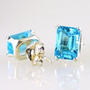 Genuine Swiss Blue Topaz Emerald Cut Stud Earrings, 2.28 CTW