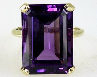 Natural Large Emerald Cut Amethyst Ring, 14K Yellow Gold, February Birthstone, Handmade, Dark Color, 17.75 Carats, Flawless