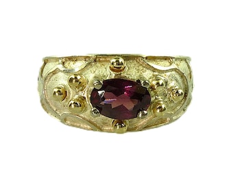 Natürlicher handgemachter Rhodolith Granat Sterling Silber Ring: Massive 14k Gold Akzente, handgemacht, Januar Geburtsstein, Unikat
