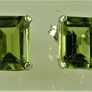 Genuine Peridot Emerald Cut Stud Earrings, Nice 8X6MM Size, 2.96 Carats, 925 Sterling Silver