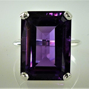 Beautiful Natural Large Amethyst Emerald Cut Ring, Fine Dark Color, 18X13 MM, 15.25 Carats