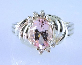 Naturlig rosa morganitberyll och vit topas ädelstensring 925 sterlingsilver, mars födelsesten, handgjord