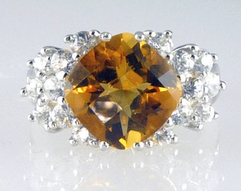 Natural Cushion Citrine & White Topaz Ring 925 SS Sterling Silver