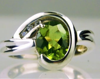 Natural Large Oval Peridot Ring, W/ White Topaz Accents, 925 Sterling Silver 2.15 CTW, August Birthstone, Handmade