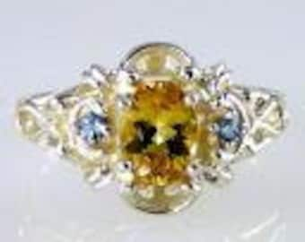 Genuine Golden Beryl Ring with Aquamarine Side Stones 925 Sterling Silver