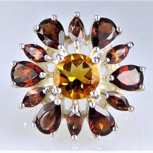 Stunning Citrine And Garnet Flower Ring, 925 Sterling silver