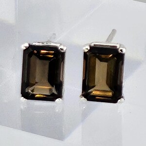 Natural Emerald Cut Smokey Quartz Stud Earrings 925 Sterling Silver Nice 8x6 MM Size, 3.00 Carats, November Birthstone, Gift For Her