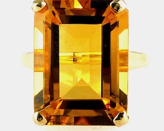 Stunning Natural Large Emerald Cut Citrine Solitaire Ring, 10kt Yellow Gold, 11.25 Carats, Fine Color, Hand Made, Flawless,