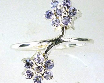 Anillo de flor de tanzanita natural, plata de ley 925, hecho a mano