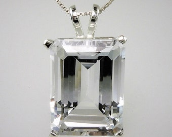 Natural Large Crystal Quartz Emerald Cut Pendant 18X13 MM - 15.01 Carats .925 Sterling Silver