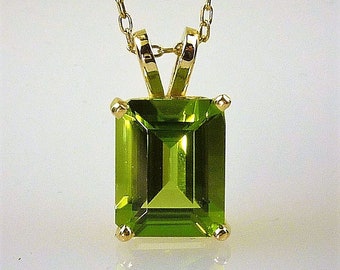 Genuine Emerald Cut Peridot Pendant. Stunning!! Gem Quality, 14k Yellow Gold, 3.10 Carats