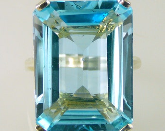 Natural Very Large Blue Topaz Emerald-Cut Solitaire Ring, 26.67 Carats