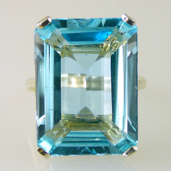 Natural Very Large Blue Topaz Emerald-Cut Solitaire Ring, 26.67 Carats