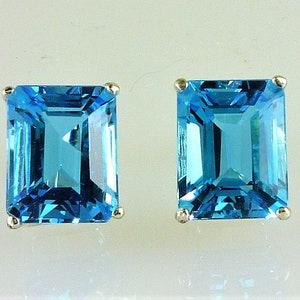 Natural Large Swiss Blue Topaz Emerald Cut Earrings, 10X8 MM, Over 8 carats, Top Color