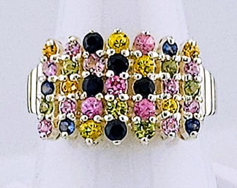 Natuurlijke grote meerkleurige saffierring, sterlingzilver, geboortesteen september, handgemaakt