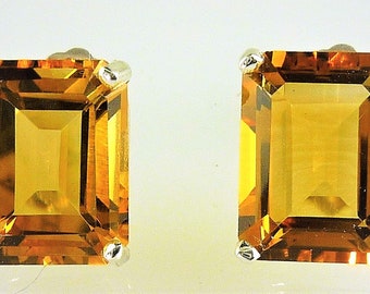 Natural Large Emerald Cut Citrine Stud Earrings, Fine Color 925 Sterling Silver, 10X8 MM, 5.80 Carats