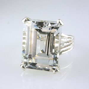 Natural Large White Topaz Emerald Cut Solitaire Ring 925 Sterling Silver, 14.60 Carats