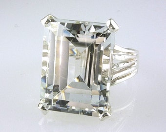 Natural Large White Topaz Emerald Cut Solitaire Ring 925 Sterling Silver, 13.71 Carats