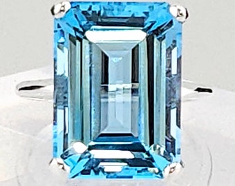 Anillo solitario de topacio azul natural talla esmeralda grande, plata de ley 925, piedra de nacimiento de diciembre, hecho a mano, 19,44 quilates.