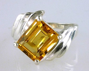 Natural Emerald Cut Citrine Solitaire Ring, 925 Sterling Silver, November Birthstone, Handmade, 3.10 Carats