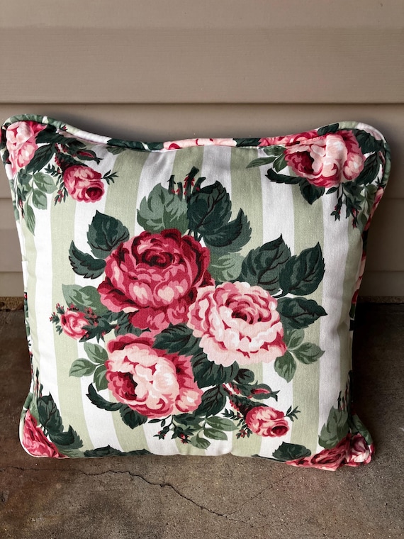 Vintage Waverly cotton throw pillow grandmillenial green and white stripe rose bouquets