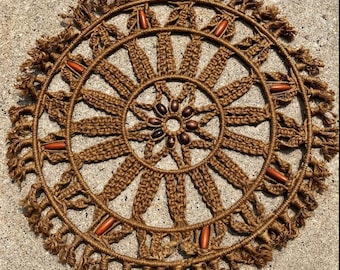VIntage Macrame Circular Wall Hanging with Orange and Brown Beads