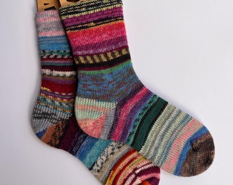 Women's Medium, Knit Socks, Wool Socks, Hiking Socks, Cozy Socks, Tall Socks, Ski socks, Cranky Sock Maker, FrankenSocks, Scrappy Socks