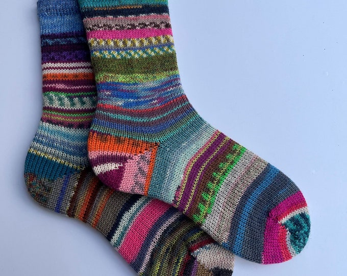 Women's Medium, Knit Socks, Wool Socks, Hiking Socks, Cozy Socks, Tall Socks, Ski socks, Cranky Sock Maker, FrankenSocks, Scrappy Socks