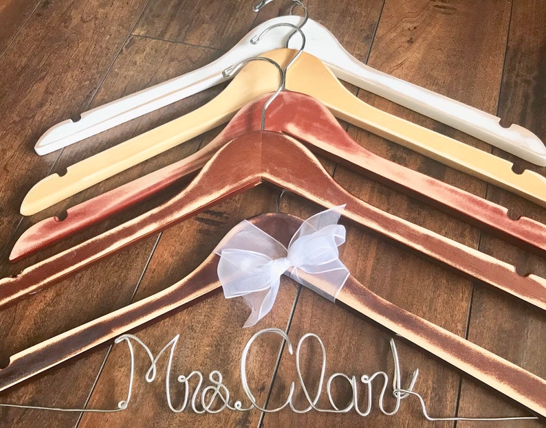 Rustic wedding hanger bridal hanger wedding dress hanger name hanger bridesmaid hanger with bow bride hanger wire hanger pretty hanger
