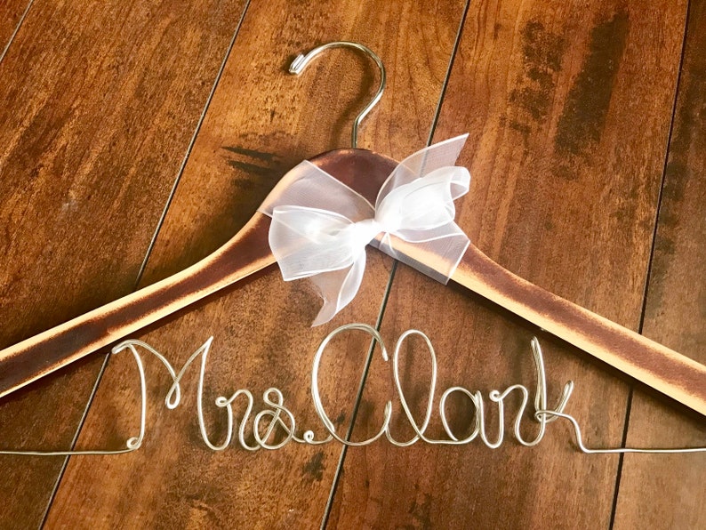 Rustic wedding hanger bridal hanger wedding dress hanger name hanger bridesmaid hanger with bow bride hanger wire hanger pretty hanger