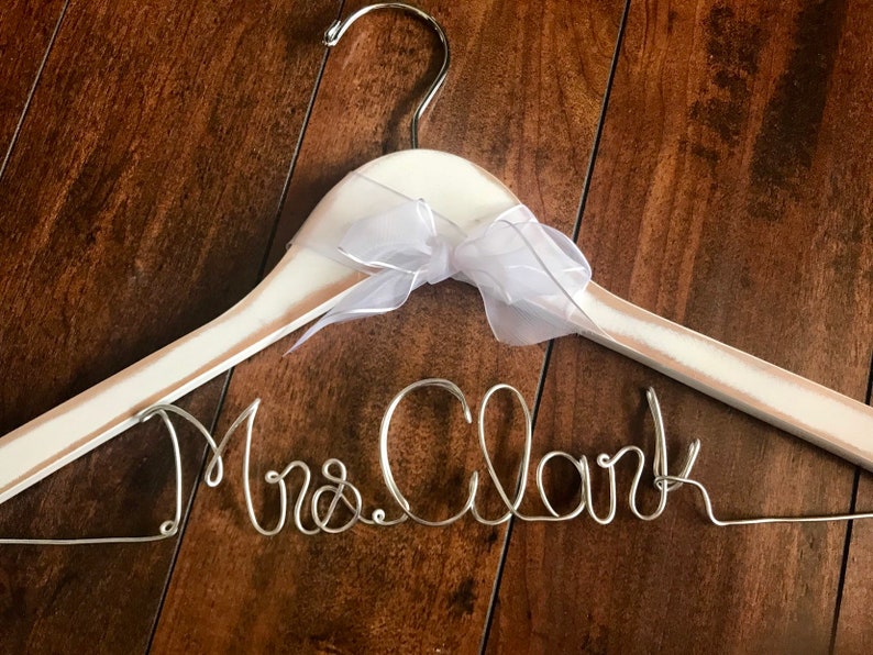 Rustic wedding hanger bridal hanger wedding dress hanger name hanger bridesmaid hanger with bow bride hanger wire hanger pretty hanger
