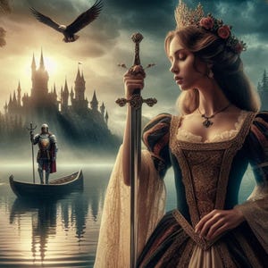 Lady in the Lake with Excalibur Castle at dawn, sublimation printable wrap for 20oz skinny tumbler and 20oz tapered tumbler, PNG and PDF