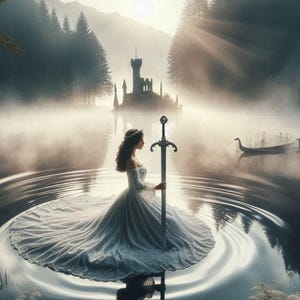 Lady in the Lake with Excalibur at the castle, sublimation printable wrap for 20oz skinny tumbler and 20oz tapered tumble, PNG and PDF