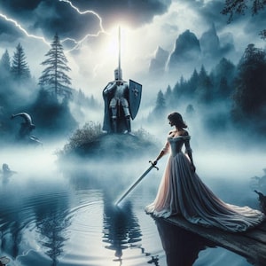 Lady in the Lake with Arthur and Excalibur, sublimation printable wrap for 20oz skinny tumbler and 20oz tapered tumble, PNG and PDF
