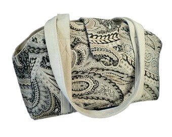 Pet purse carrier, Paisley Gray with cream colored lining fabric, carrier for small pets