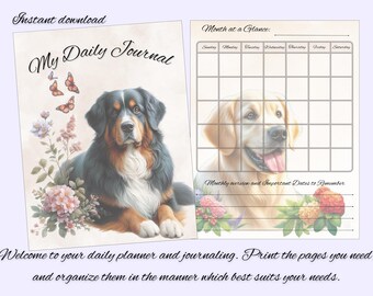 Printable Yearly Planner and Journal, Watercolor Dogs with Earthtone backgrounds, PDF