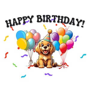 Tema de cachorro feliz aniversário - cartão de aniversário para imprimir PNG, JPG, PDF