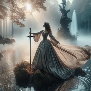Lady of the Lake in the morning mist with Excalibur, sublimation printable wrap for 20oz skinny tumbler and 20oz tapered tumble, PNG and PDF