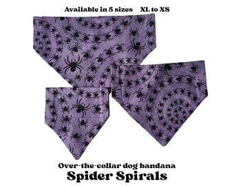 Spiders Spirals Halloween over-the-collar reversible dog bandana, sizes XL to XS