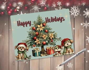 ハッピーホリデー ドッグス クリスマスカード、ホリデーペットカード（10枚パック）