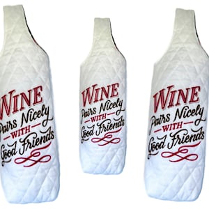 Wine pairs nicely with good friends Wine Bottle Tote Bags, embroidered totes, fits 375ml bottles