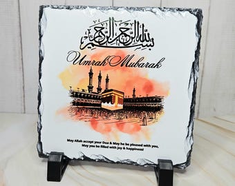 Umrah mubarak stone slate, Islamic gift, stand with personalized names,