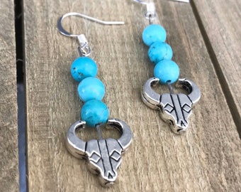 Cow Skull Earrings Turquoise Cow Head Earrings Western Earrings Tribal Buffalo Earrings Steer Earrings Rodeo Jewelry Cow Skull Bull Cowgirl