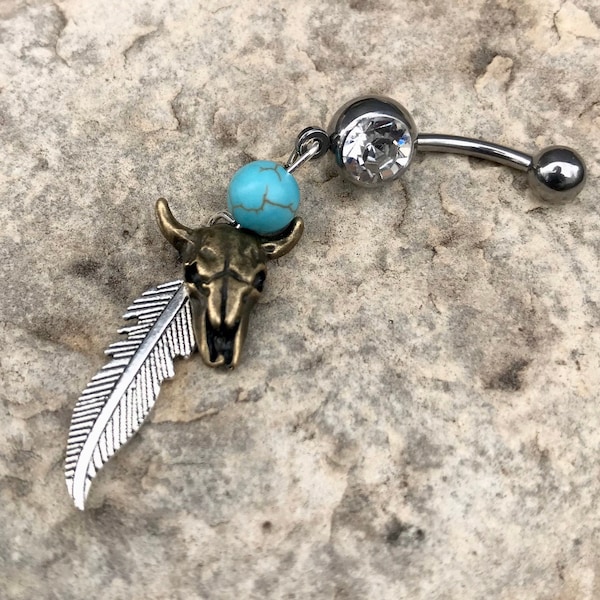 Cow Skull Belly Ring Cow Skull with Feather Turquoise Belly Ring Feather Skull Buffalo Belly Ring Cattle Naval Rodeo Longhorn Country Naval