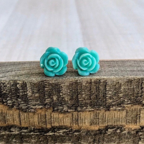 Turquoise Rose Earrings Flower Aqua Rose Turquoise Flower Earrings Bridesmaid Earrings Floral Stud Earrings Blue Rose Chic Vintage Earrings