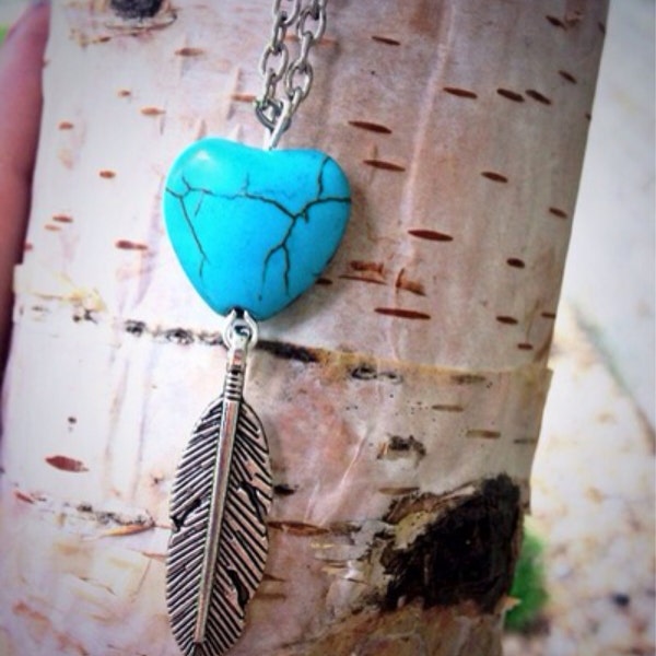 Gypsy Soul Necklace Boho Turquoise Heart Necklace Feather Veined Blue Heart Feather Necklace Heart and Feather Turquoise Western Necklace