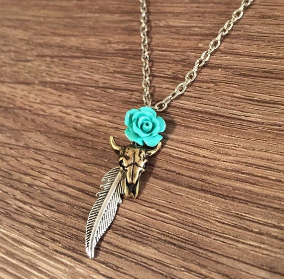 Cow Skull Necklace Cow Head Necklace Turquoise Rose Cow Skull Necklace Country Western Buffalo Necklace Cow Skull With Rose Necklace Boho Etsy