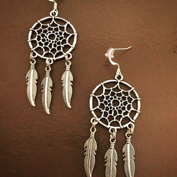 Dream Catcher Earrings Silver Dream Catcher Silver Boho Western Native Inspired Spirit Earrings Country Western Dream Earrings Feathers
